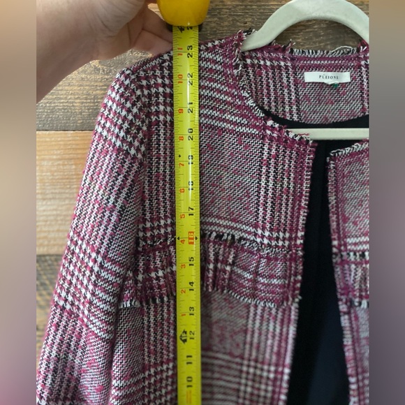 Plaid Ruffle Trim Blazer Jacket Pink Black and White Plaid Size M (Pleione) - Picture 13 of 16